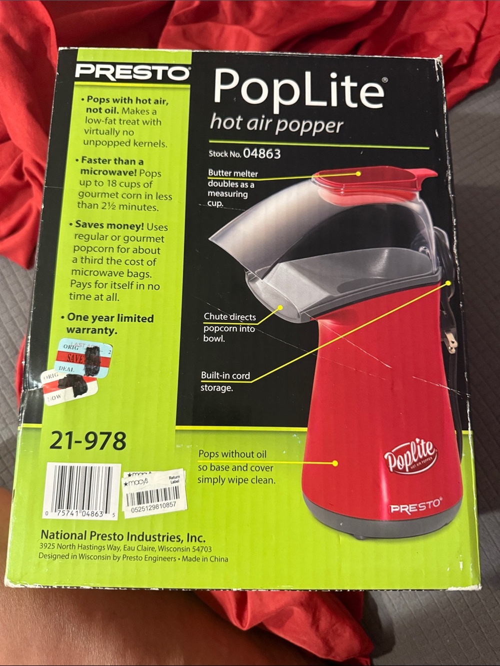 Presto PopLite Red Hot Air Popper